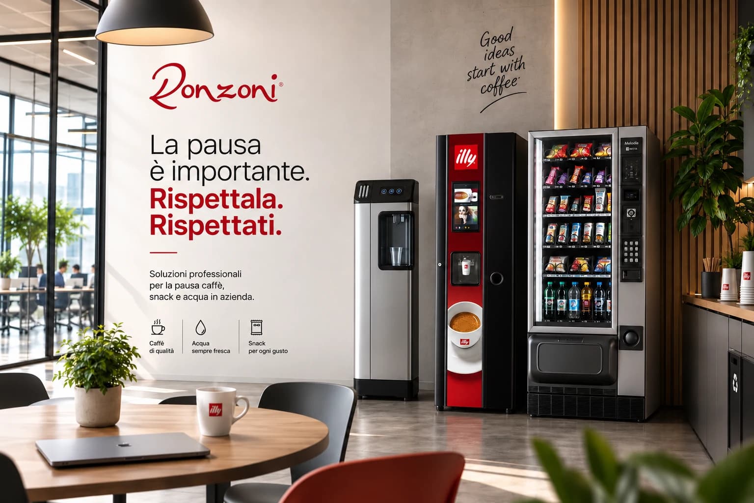 La pausa è importante: rispettala, rispettati. Soluzioni professionali per caffè, snack e acqua in azienda