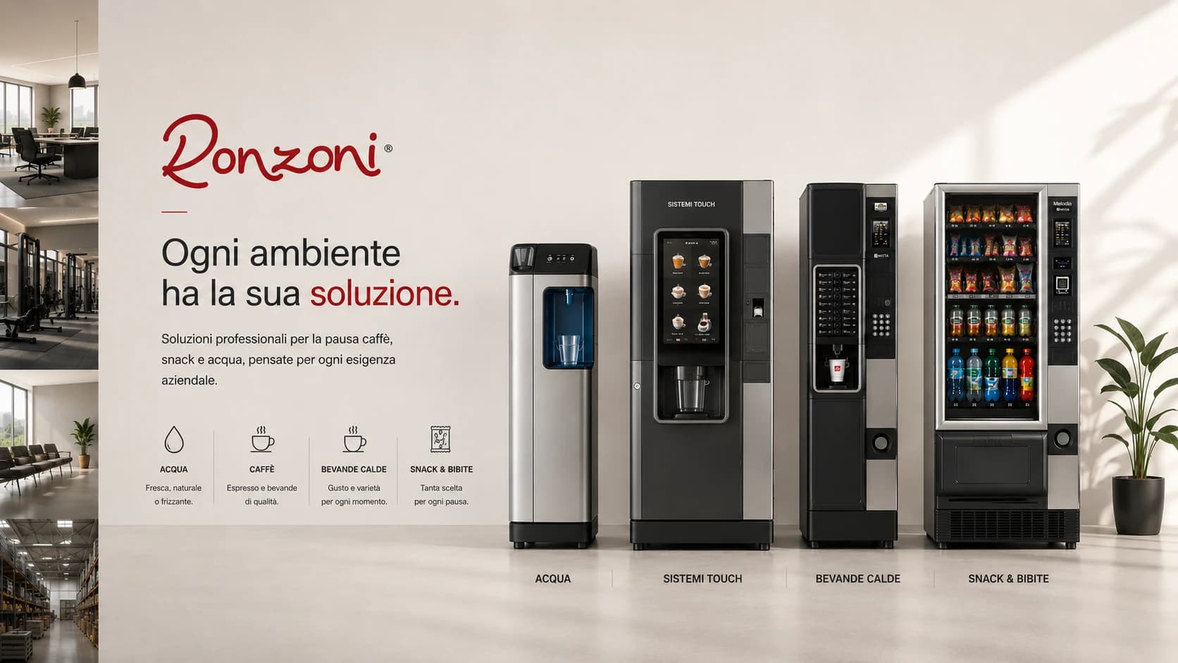 Ogni ambiente ha la sua soluzione: acqua, caffè, bevande calde, snack e bibite