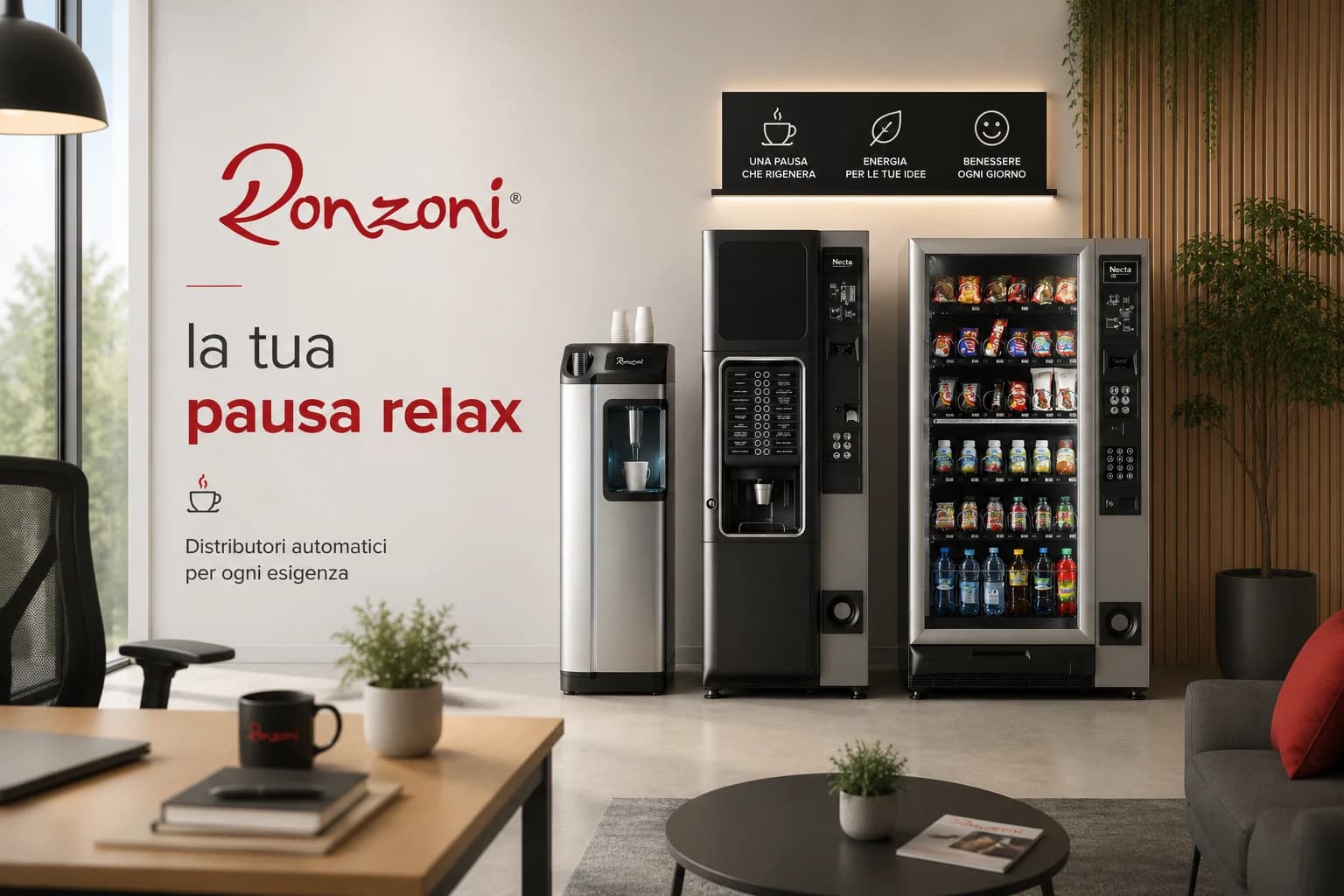 La tua pausa relax: distributori automatici Ronzoni per ogni esigenza, nell'area break aziendale
