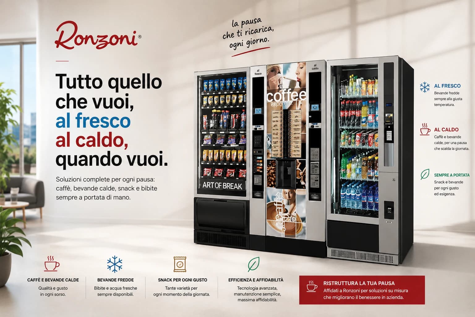 Tutto quello che vuoi, al fresco e al caldo, quando vuoi: distributori automatici Ronzoni di caffè, bevande calde, snack e bibite fredde per la pausa in azienda